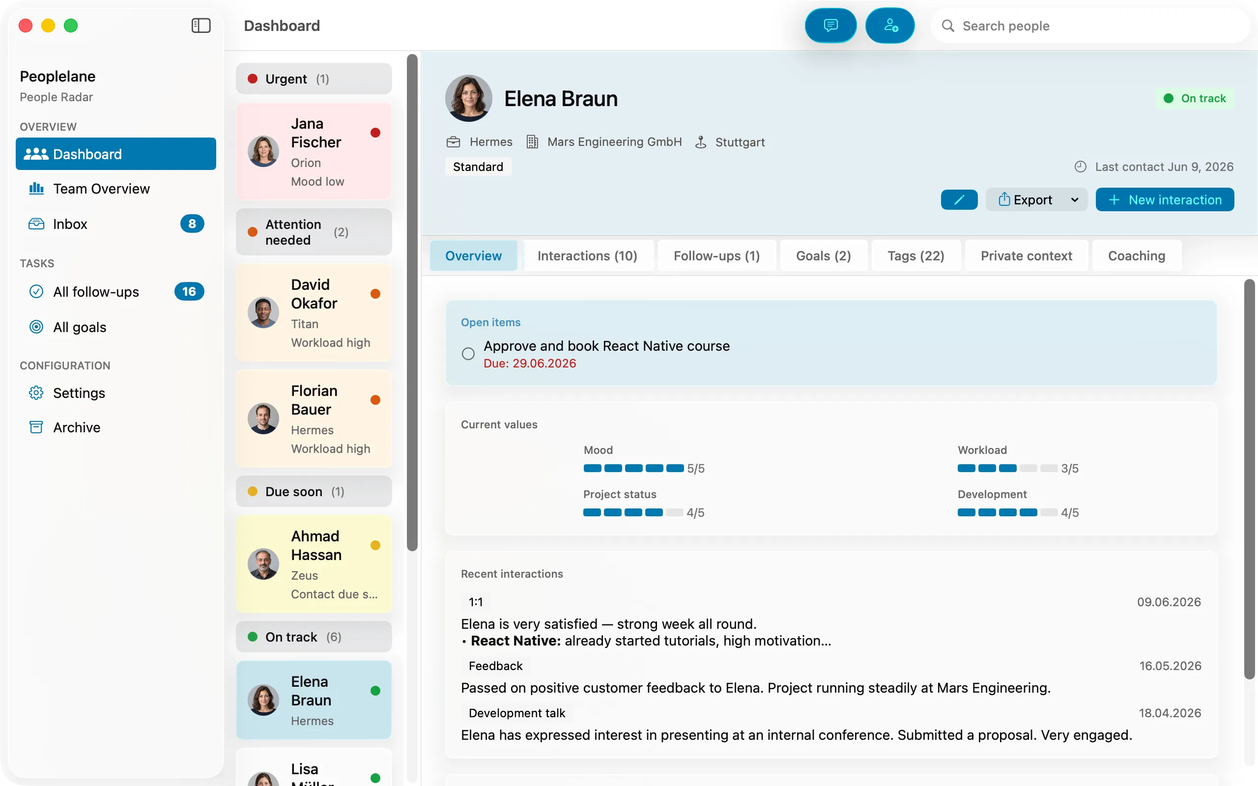 A person's record in Peoplelane with open items, rating bars for mood and workload, and the most recent interactions.