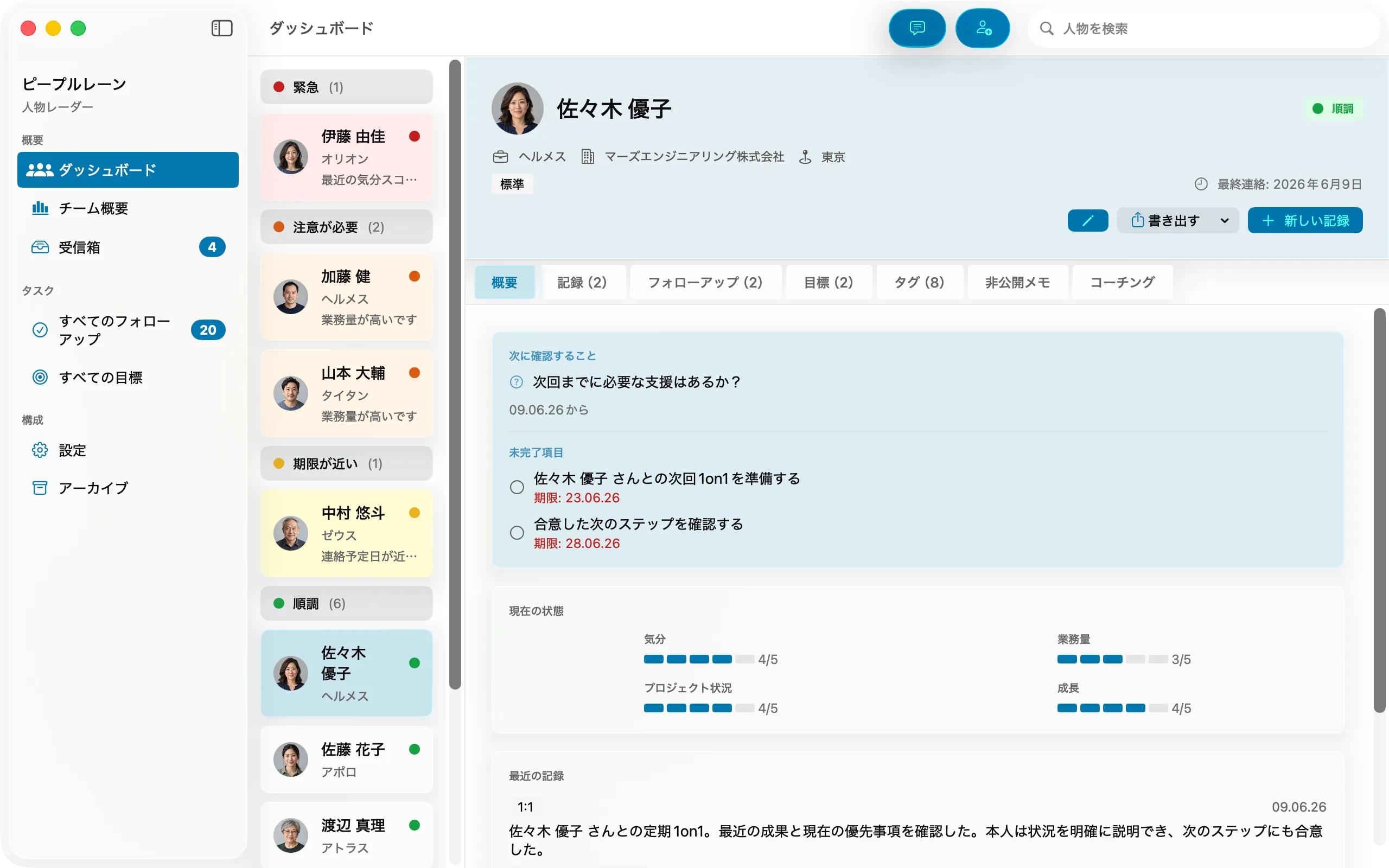 Peoplelaneの人物ページ。メンバーの対話履歴と未完了のフォローアップが表示され、1on1の質問の準備に使われている。