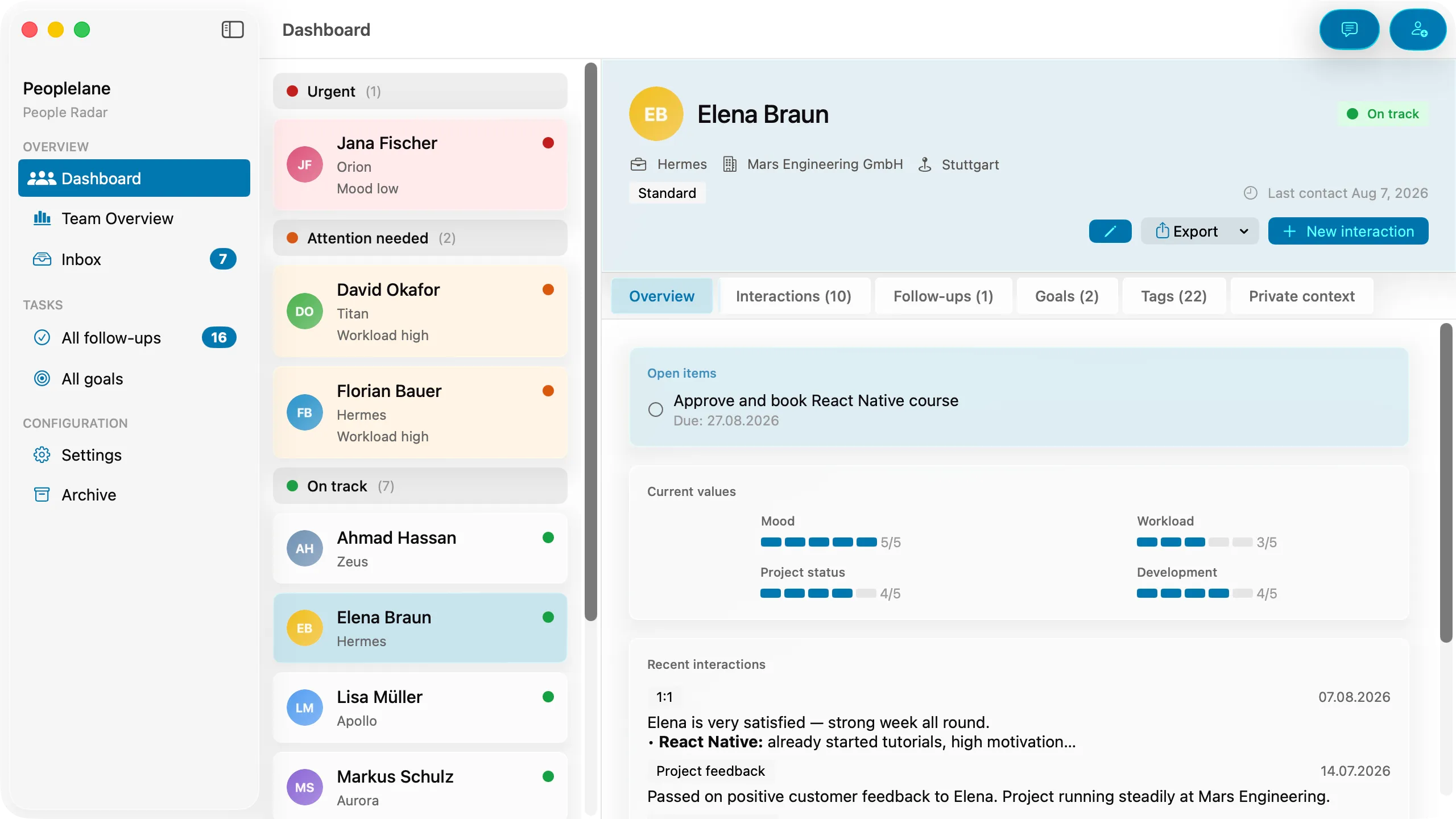 Peoplelane on macOS: one person's record with open items, rating bars for mood and workload and the most recent conversations, next to the list of everyone you lead.