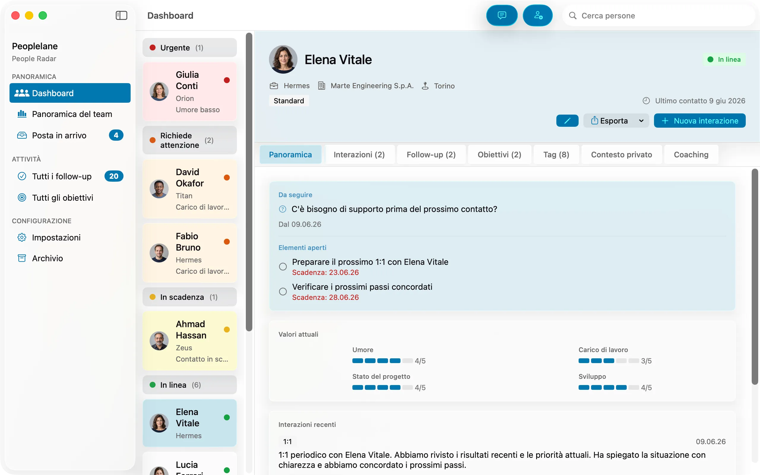 La scheda di una persona in Peoplelane con lo storico dei colloqui e i follow-up aperti, usati per preparare le domande del 1:1.
