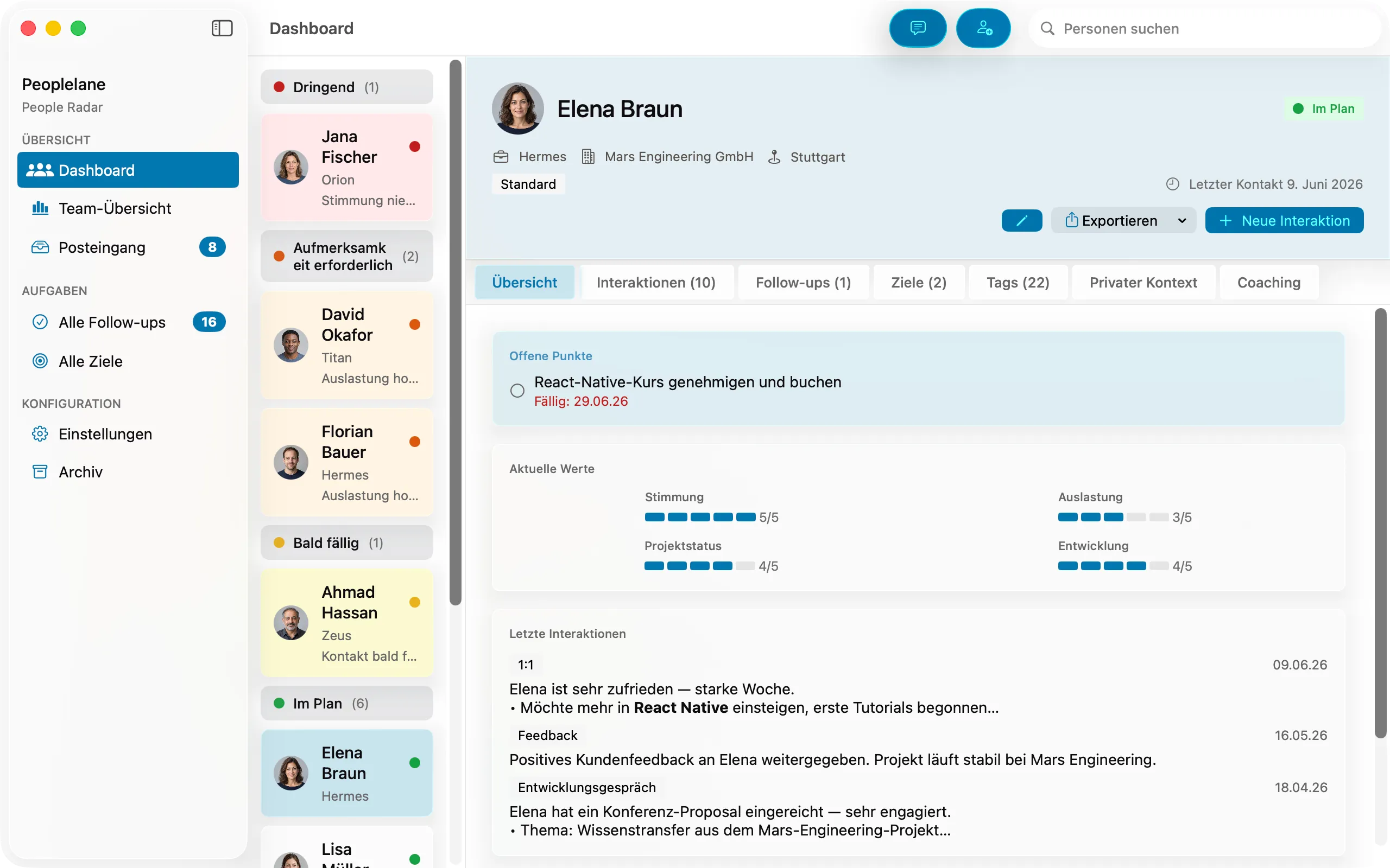 Personenansicht in Peoplelane mit offenen Punkten, Balken für Stimmung und Auslastung sowie den jüngsten Interaktionen.
