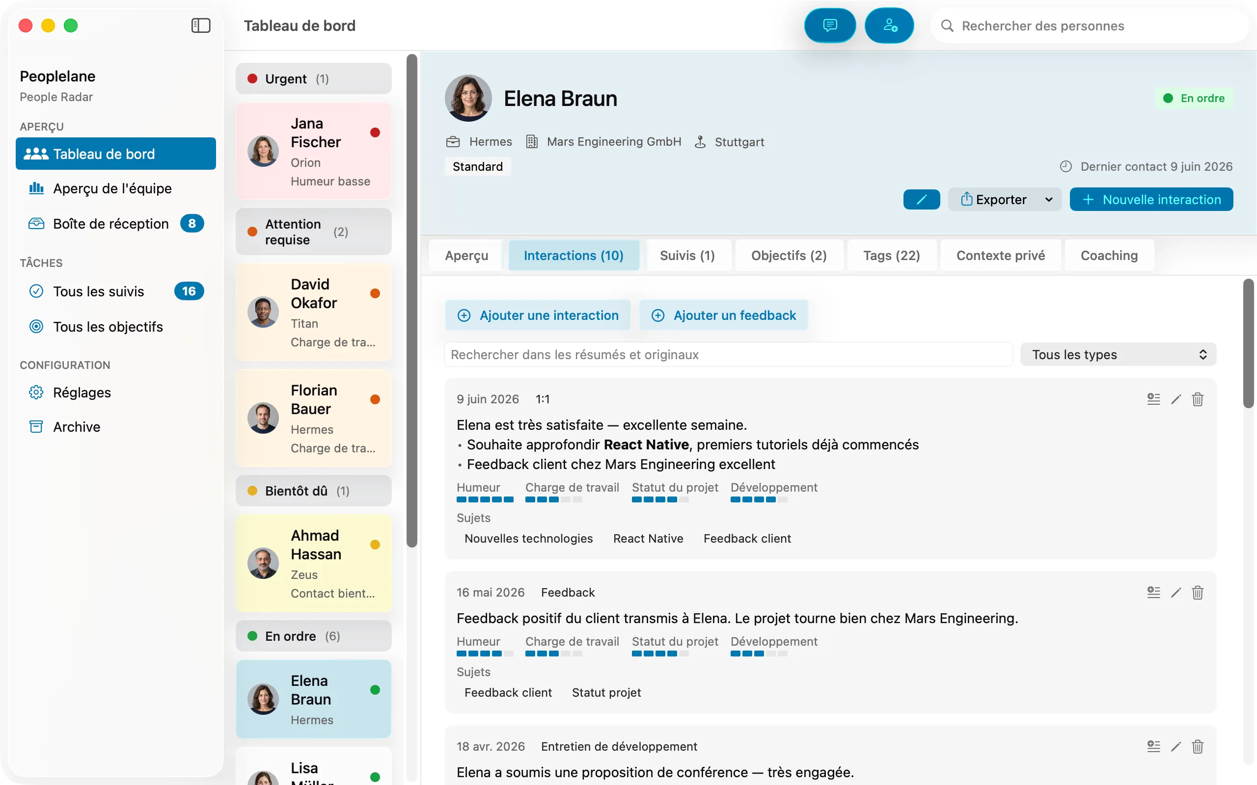 Liste chronologique des interactions d'une personne, chacune identifiée comme 1:1, retour de projet ou entretien de développement.