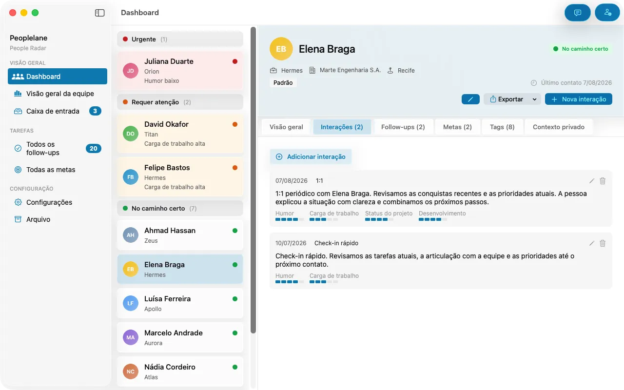 Lista cronológica de interações de uma pessoa, cada uma identificada como 1:1, feedback de projeto ou conversa de desenvolvimento.