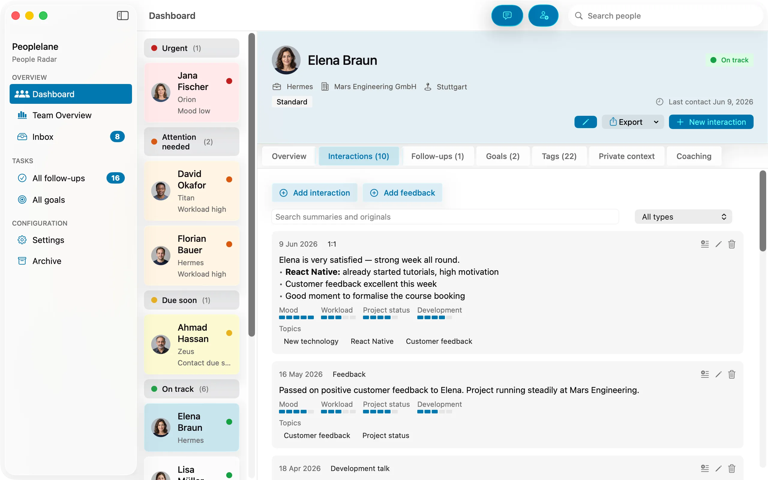 Chronological list of interactions for one person, each labelled as a 1:1, project feedback or development conversation.