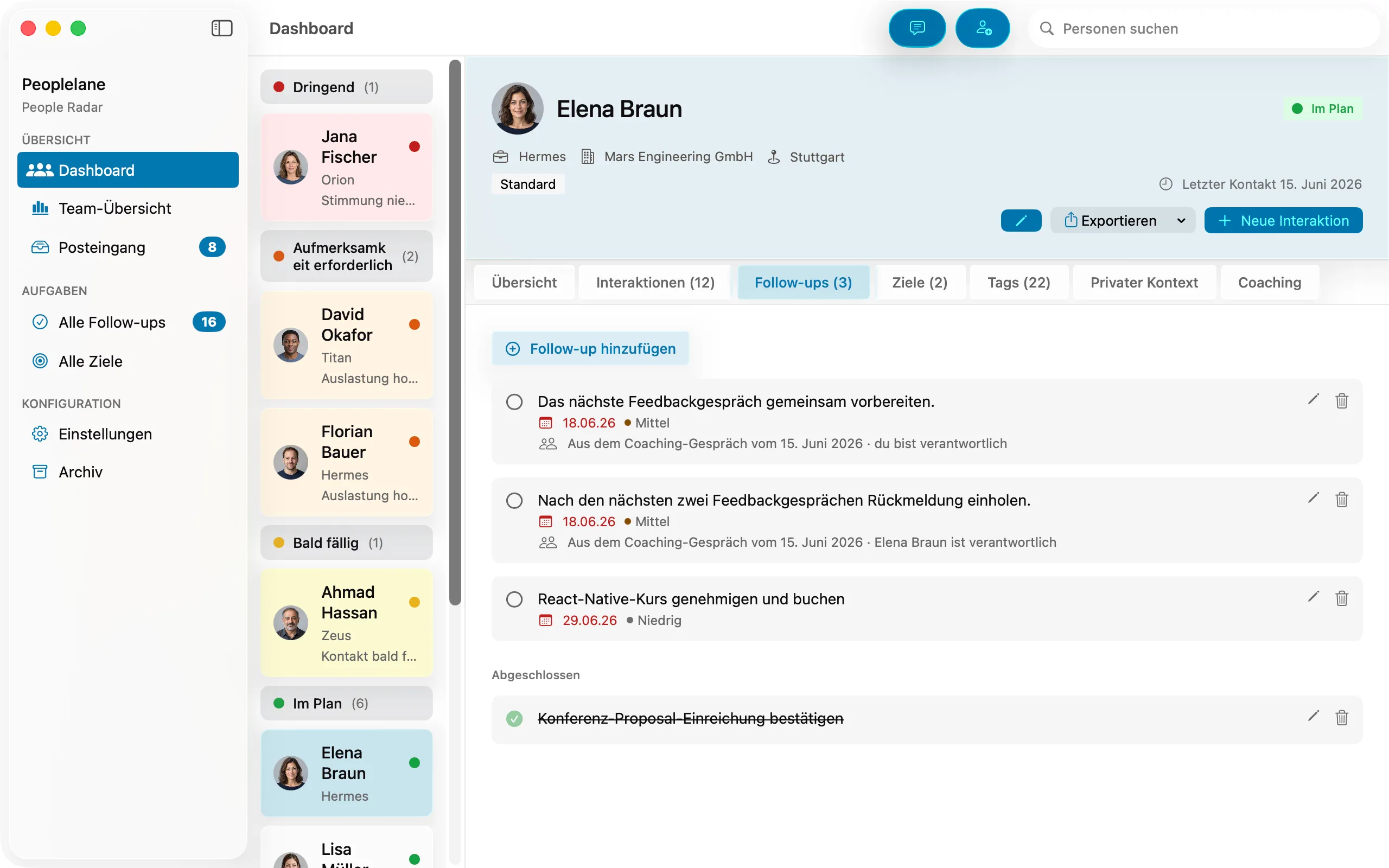 Follow-ups einer Person mit Status und Fälligkeit.
