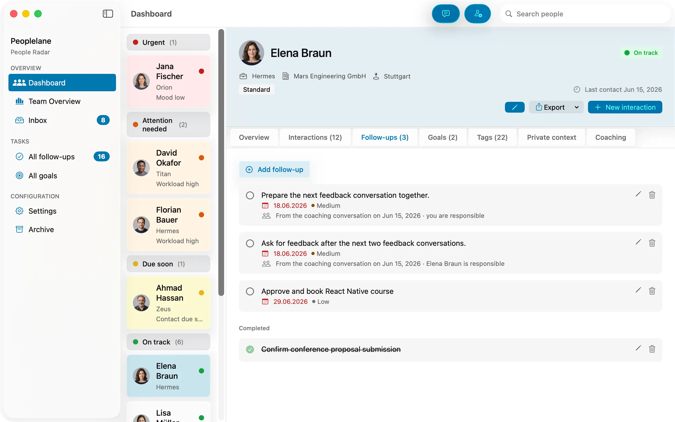 Follow-ups for one person, including status and due dates.