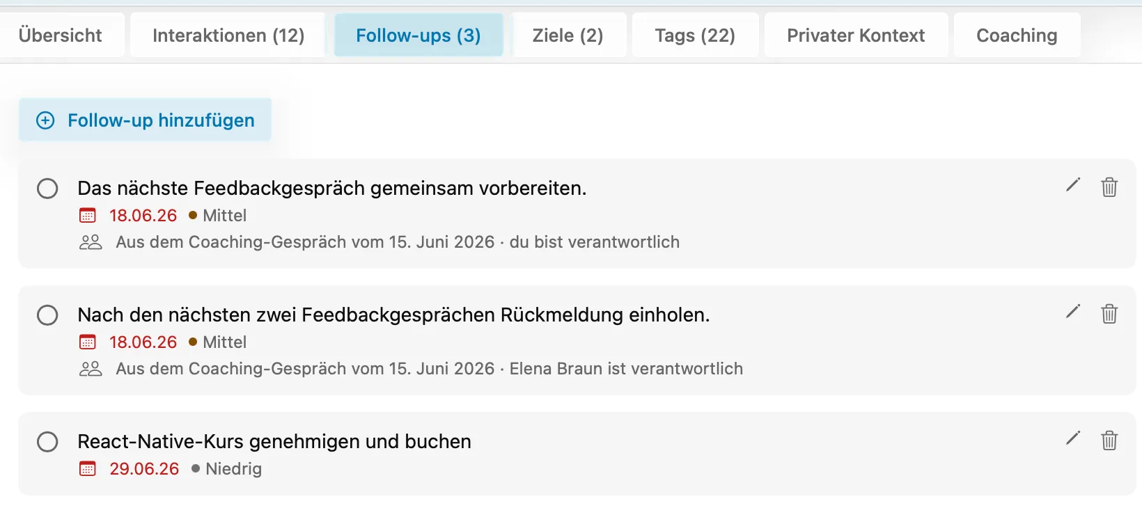 Follow-ups einer Person mit Status und Fälligkeit.