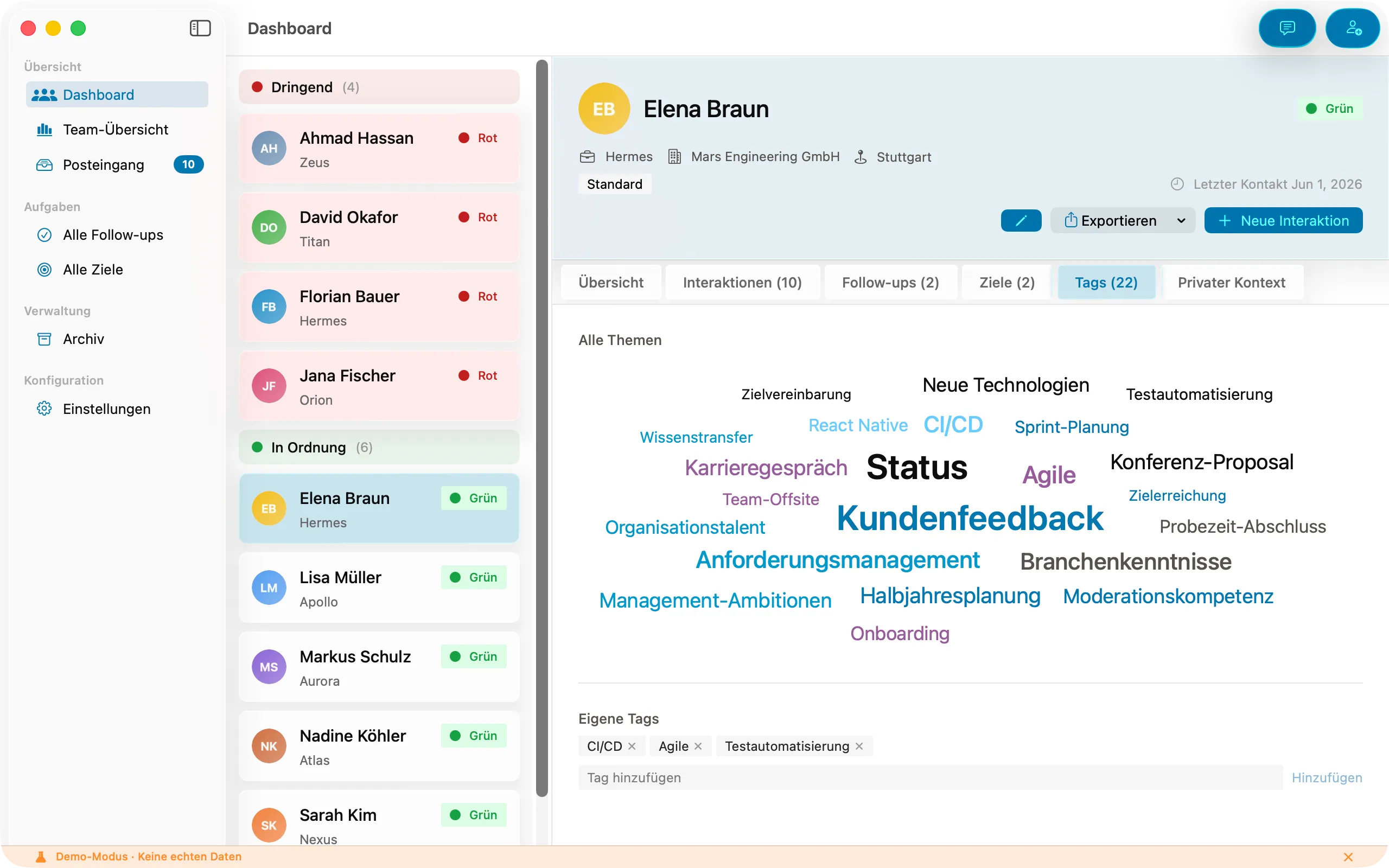 Themen-Tag-Cloud für eine Person in Peoplelane mit wiederkehrenden Gesprächsthemen