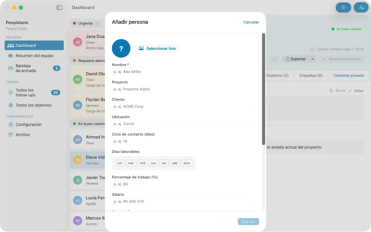 La vista de contexto privado en Peoplelane, con notas que se quedan en el propio Mac del usuario.