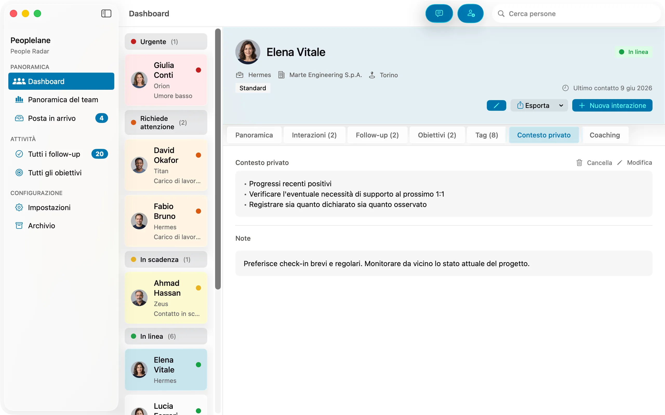 La vista del contesto privato in Peoplelane, con note riservate salvate sul Mac dell’utente.
