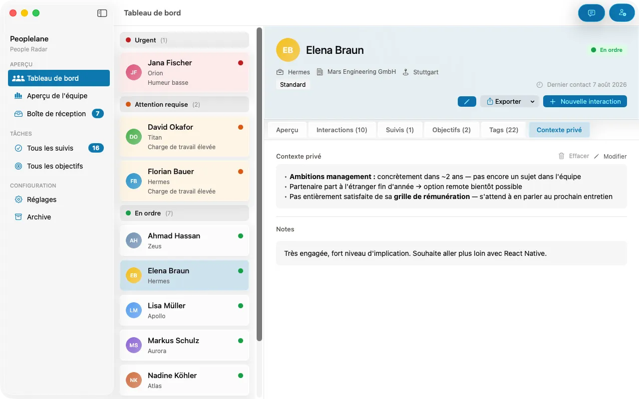 Vue du contexte privé dans Peoplelane, avec des notes qui restent sur le Mac de l'utilisateur.