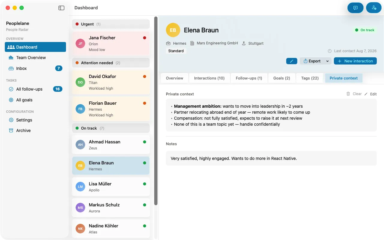 The private context view in Peoplelane, holding notes that stay on the user's own Mac.