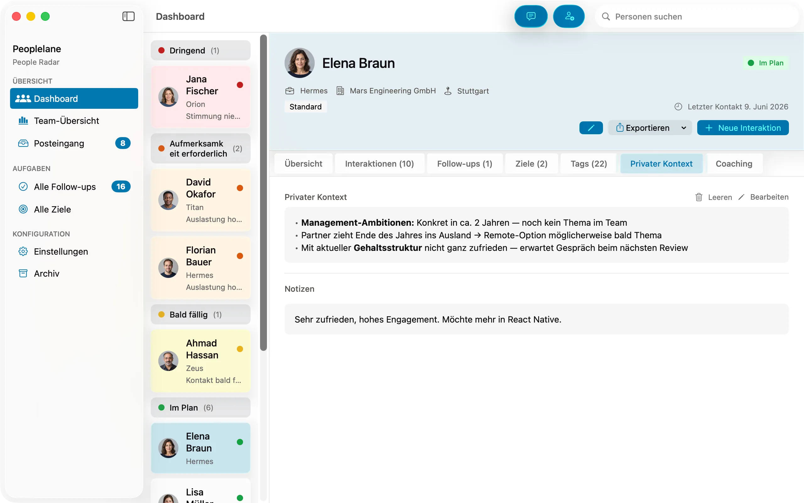 Peoplelane-Ansicht für privaten Kontext mit Notizen zu einer Person, gespeichert auf dem Mac der Führungskraft.