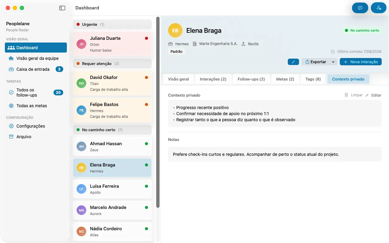 A tela de contexto privado do Peoplelane, com notas que ficam no próprio Mac do usuário.