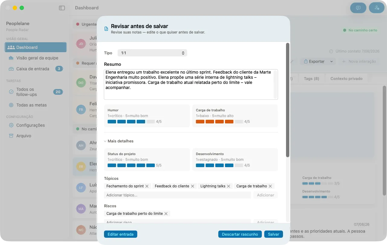 Uma janela de revisão mostrando o registro estruturado sugerido pela IA a partir de uma nota livre, com resumo editável, avaliações, temas e riscos.
