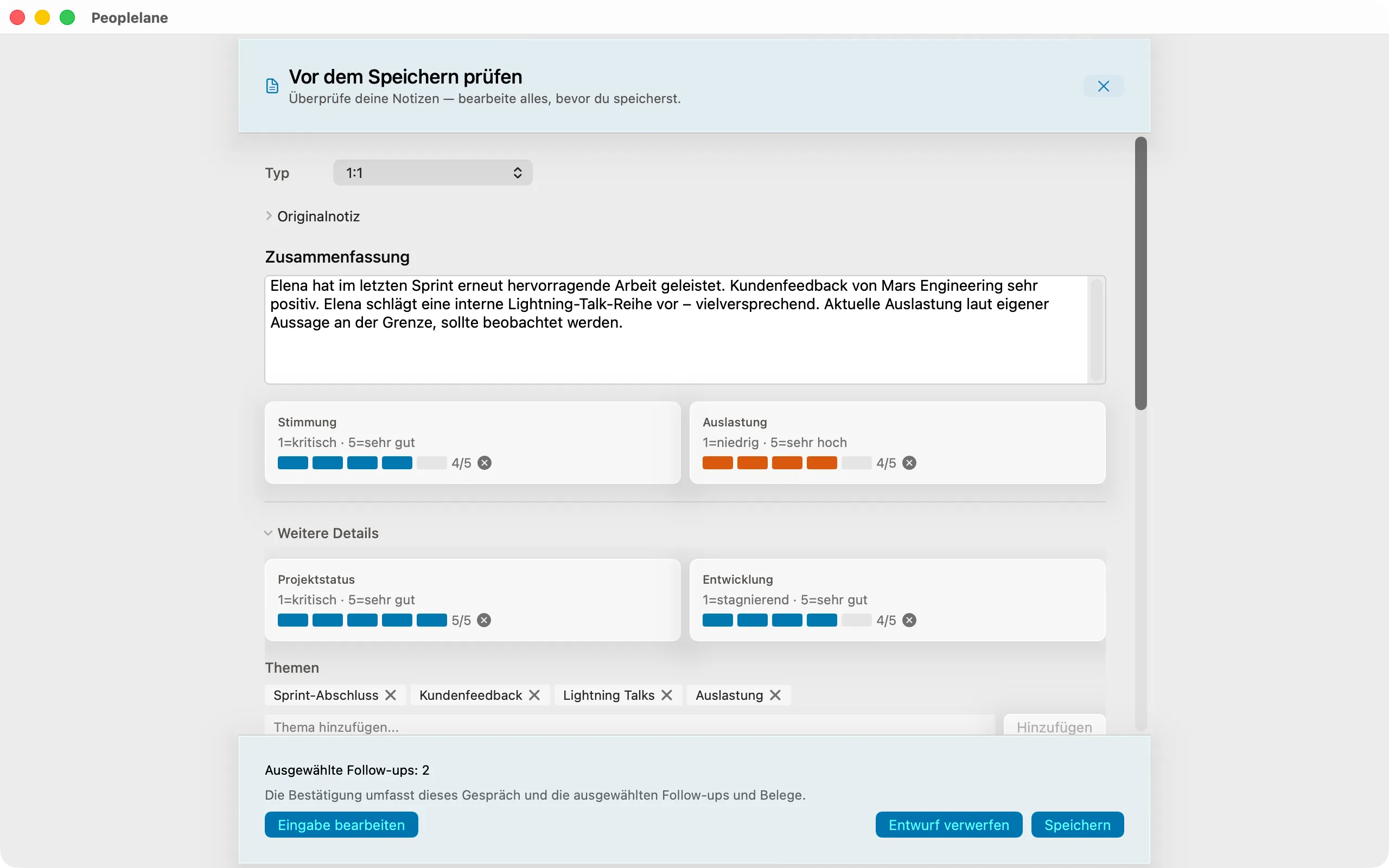 Prüfdialog mit dem strukturierten Eintrag, den die KI aus einer freien Notiz vorgeschlagen hat: bearbeitbare Zusammenfassung, Bewertungen, Themen und Risiken.