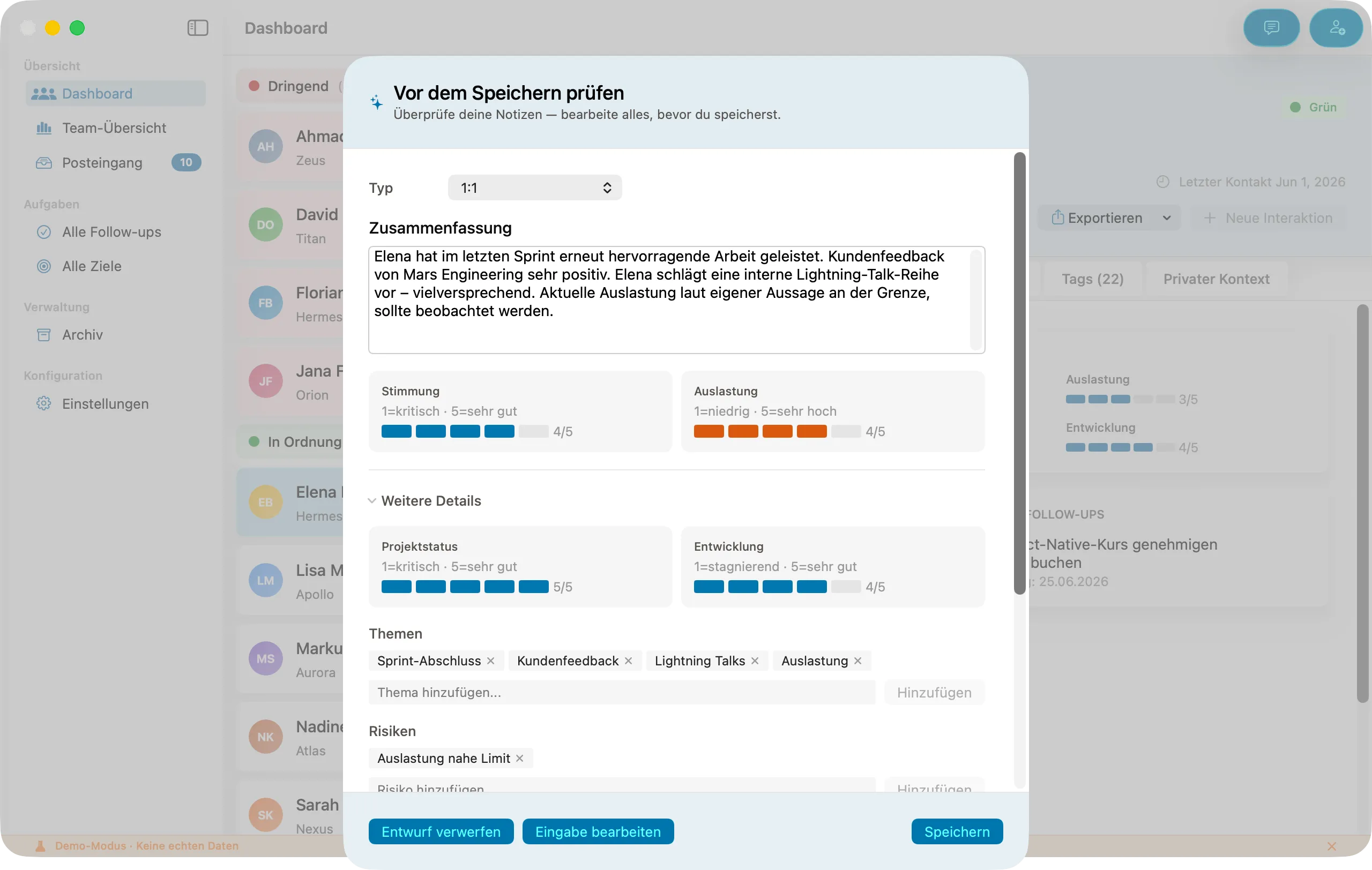 KI-erstellte Interaktionszusammenfassung in Peoplelane, zur Prüfung vor dem Speichern