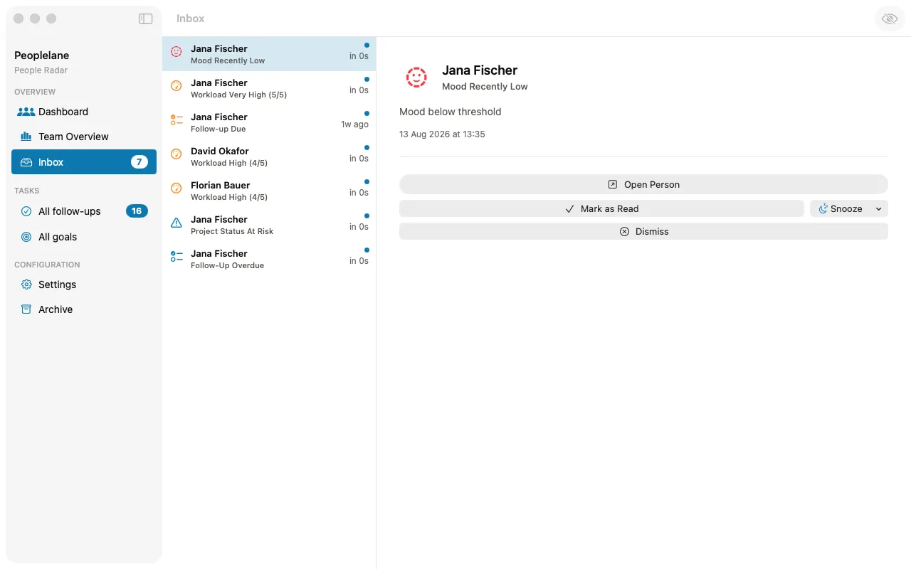 The Peoplelane inbox listing open follow-ups and reminders across all people.