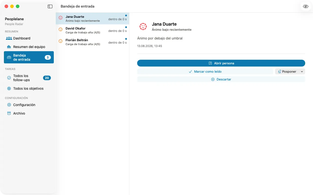 La bandeja de entrada de Peoplelane con los seguimientos pendientes y recordatorios de todas las personas.