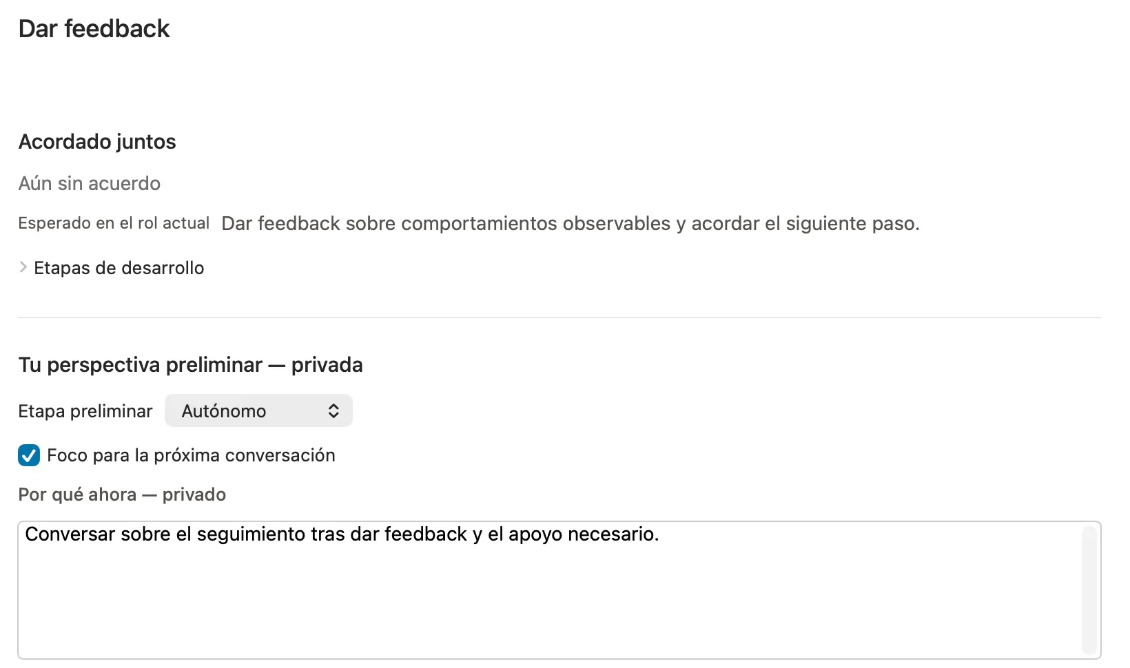 Preparación privada de coaching en Peoplelane: un tema central con una nota sobre por qué importa ahora, la expectativa del rol y las observaciones reunidas.