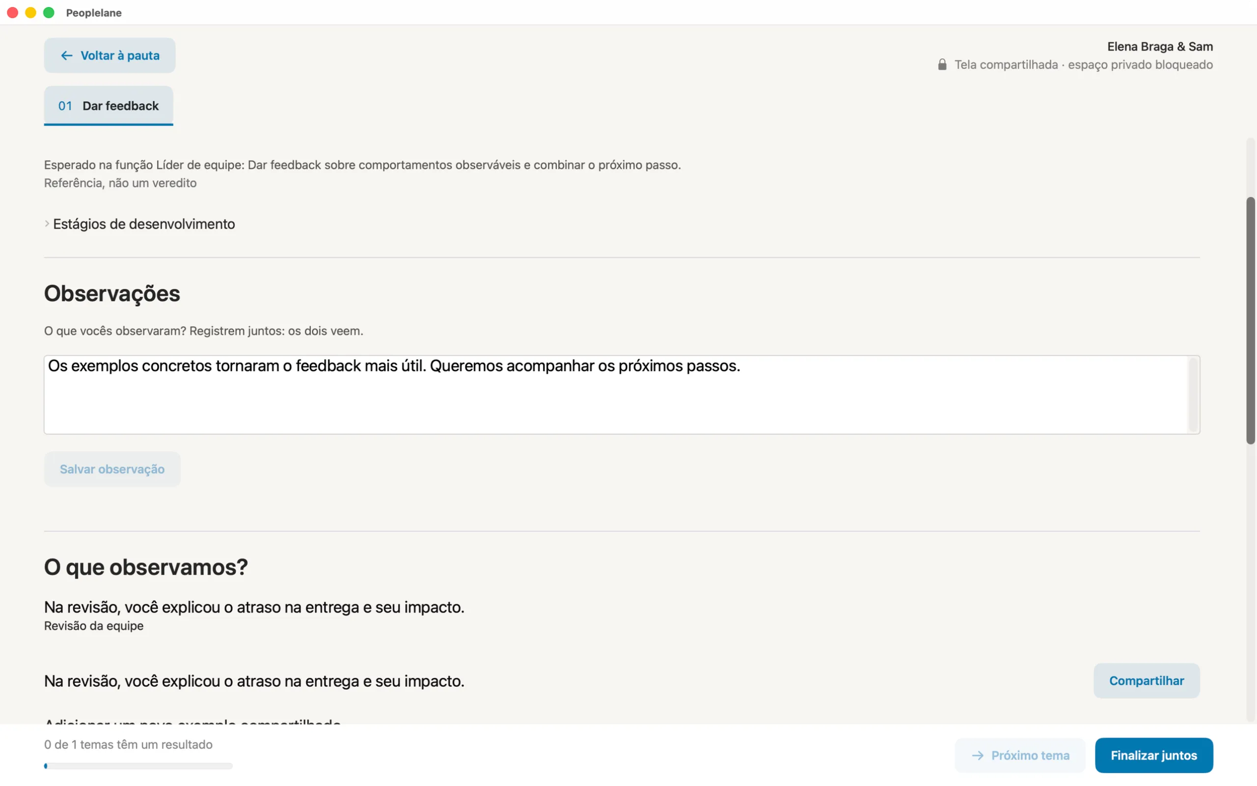 A tela de coaching compartilhada do Peoplelane com o espaço privado bloqueado, um campo de observações e um exemplo pronto para compartilhar.
