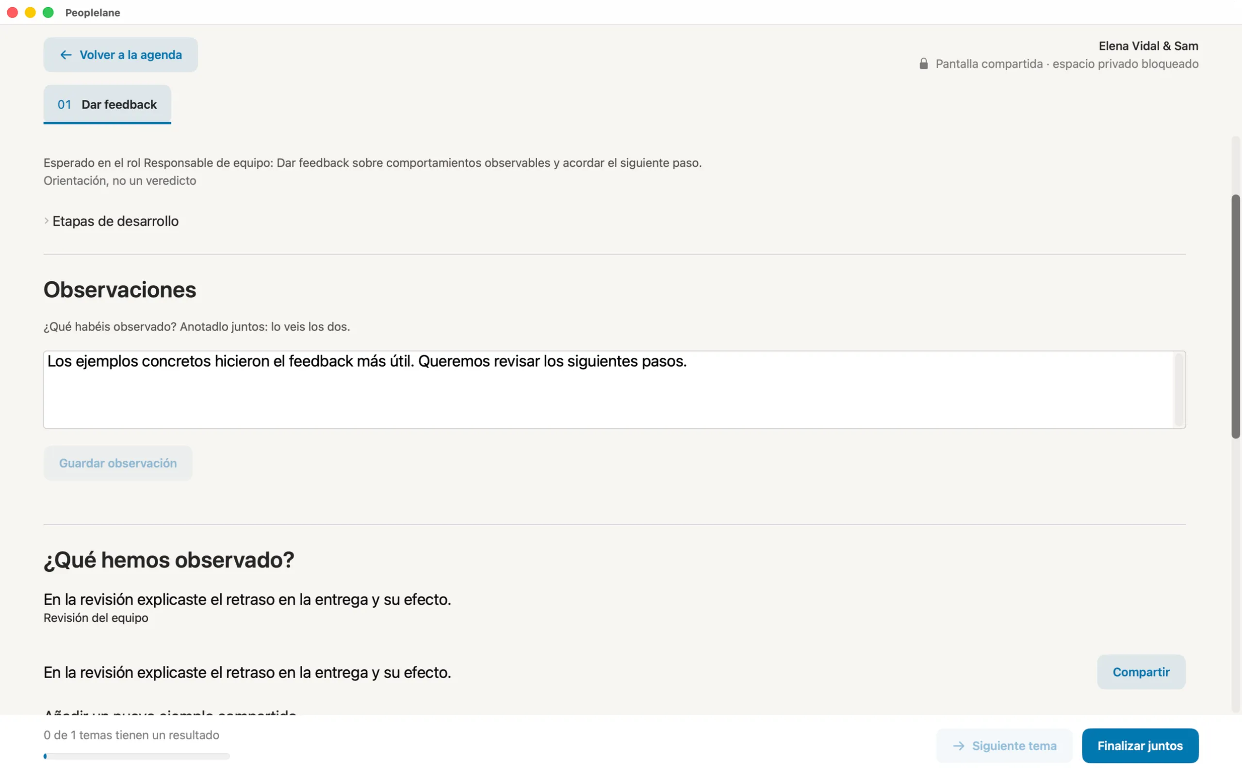 La pantalla de coaching compartida de Peoplelane con el espacio privado bloqueado, un campo de observaciones y un ejemplo listo para compartir.