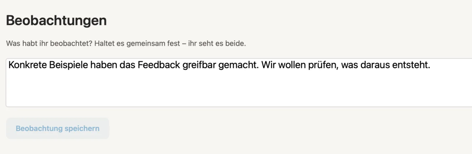 Gemeinsamer Coaching-Bildschirm: eine gemeinsam festgehaltene Beobachtung und ein aus der Vorbereitung geteiltes Beispiel.