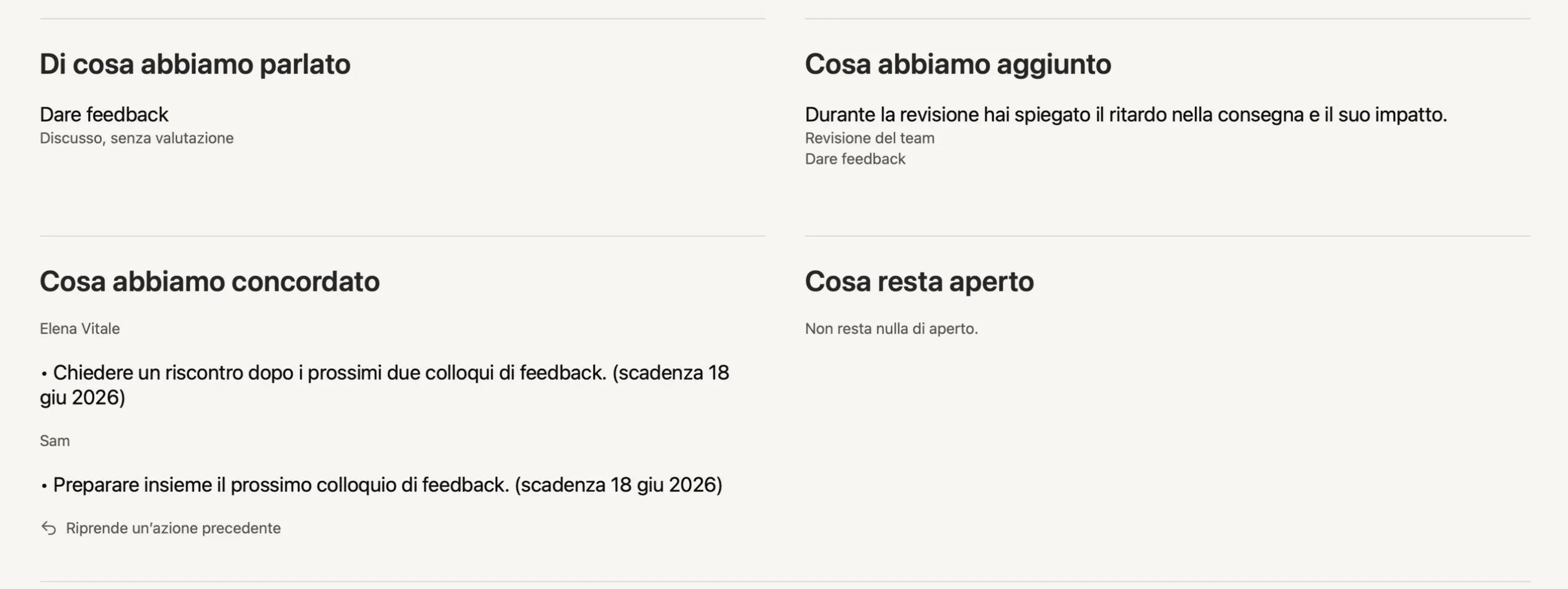 Il riepilogo prima della finalizzazione in Peoplelane: che cosa è stato discusso, aggiunto e concordato con responsabili e scadenze, e che cosa resta aperto.