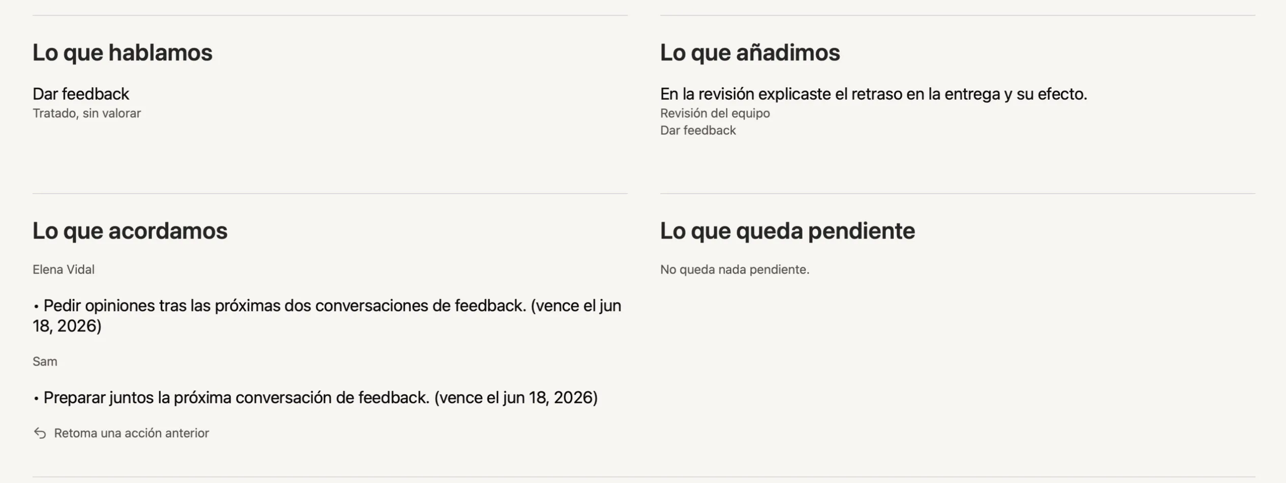 La revisión antes de finalizar en Peoplelane: lo que se habló, lo añadido, lo acordado con responsables y fechas, y lo que queda pendiente.