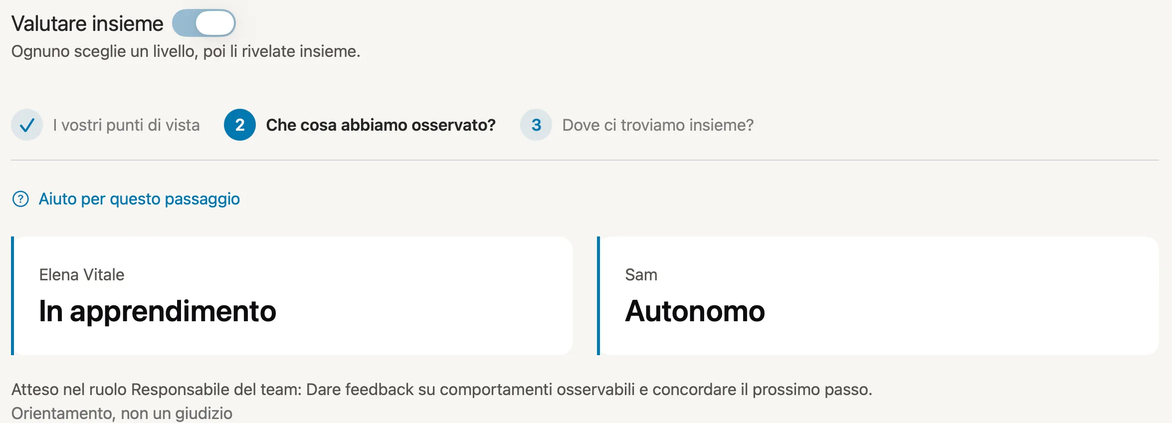 I punti di vista rivelati in Peoplelane: da una parte «In apprendimento», dall’altra «Autonomo».