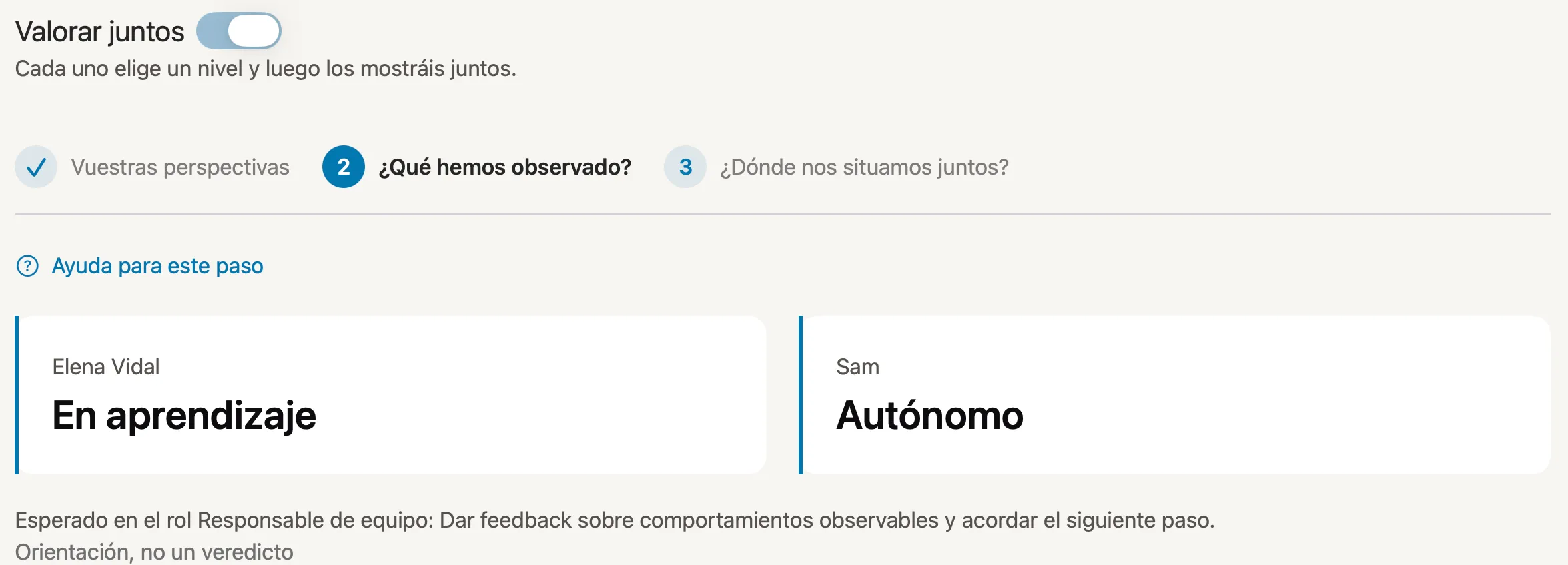 Perspectivas reveladas en Peoplelane: la persona eligió «En aprendizaje» y el responsable «Autónomo».