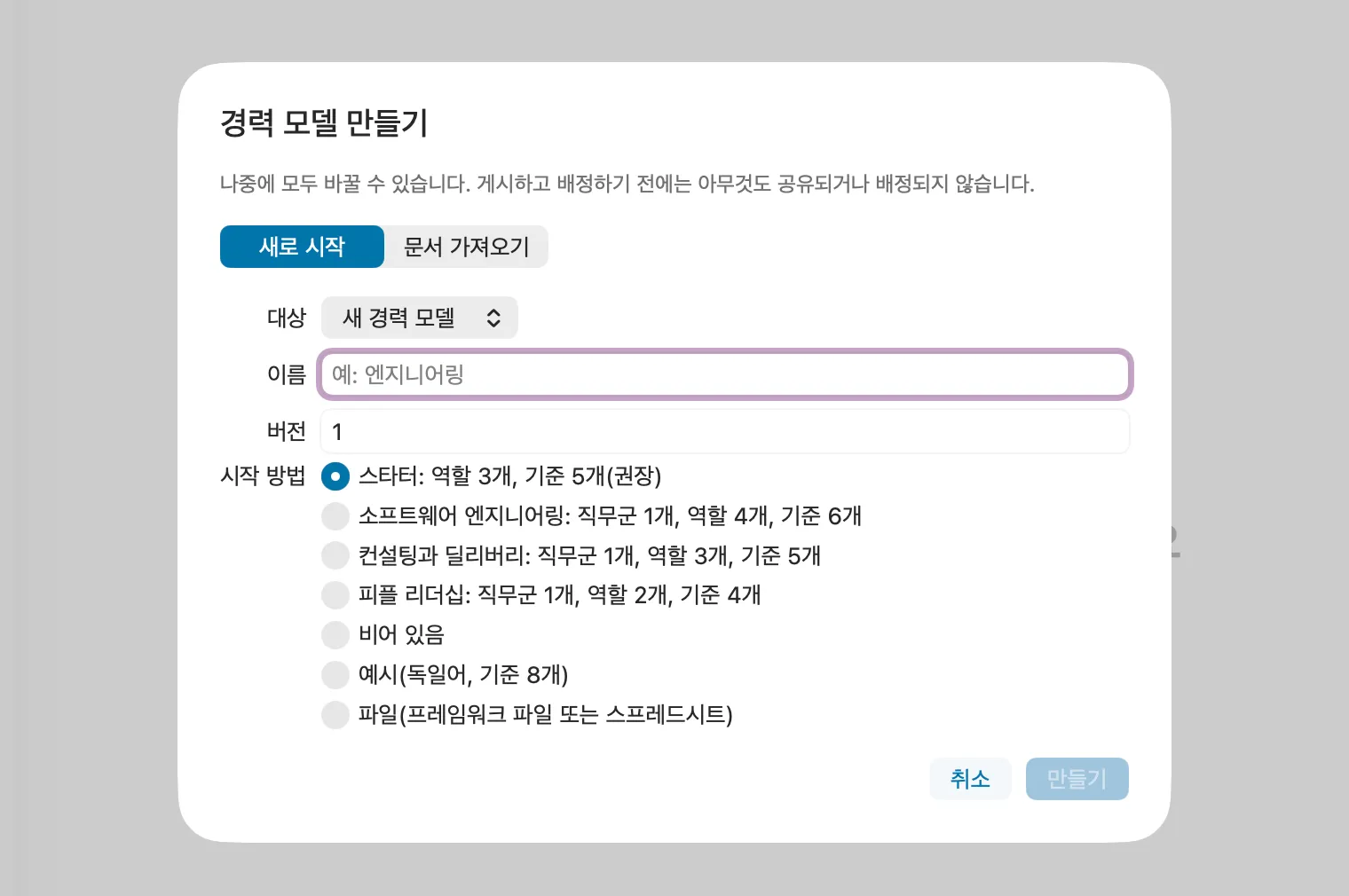 Peoplelane 커리어 모델 편집기의 시작 대화 상자: 시작용 모델, 템플릿, 빈 상태, 파일 중에서 시작 방법을 고를 수 있습니다.