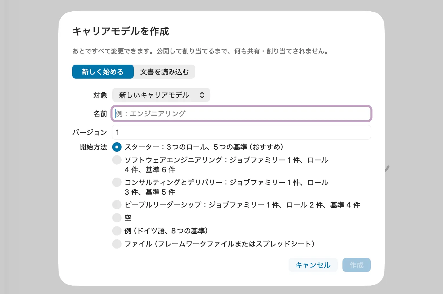 Peoplelaneのキャリアモデル編集画面の開始ダイアログ。スターター、テンプレート、空の状態、ファイルから始める方法が表示されている。