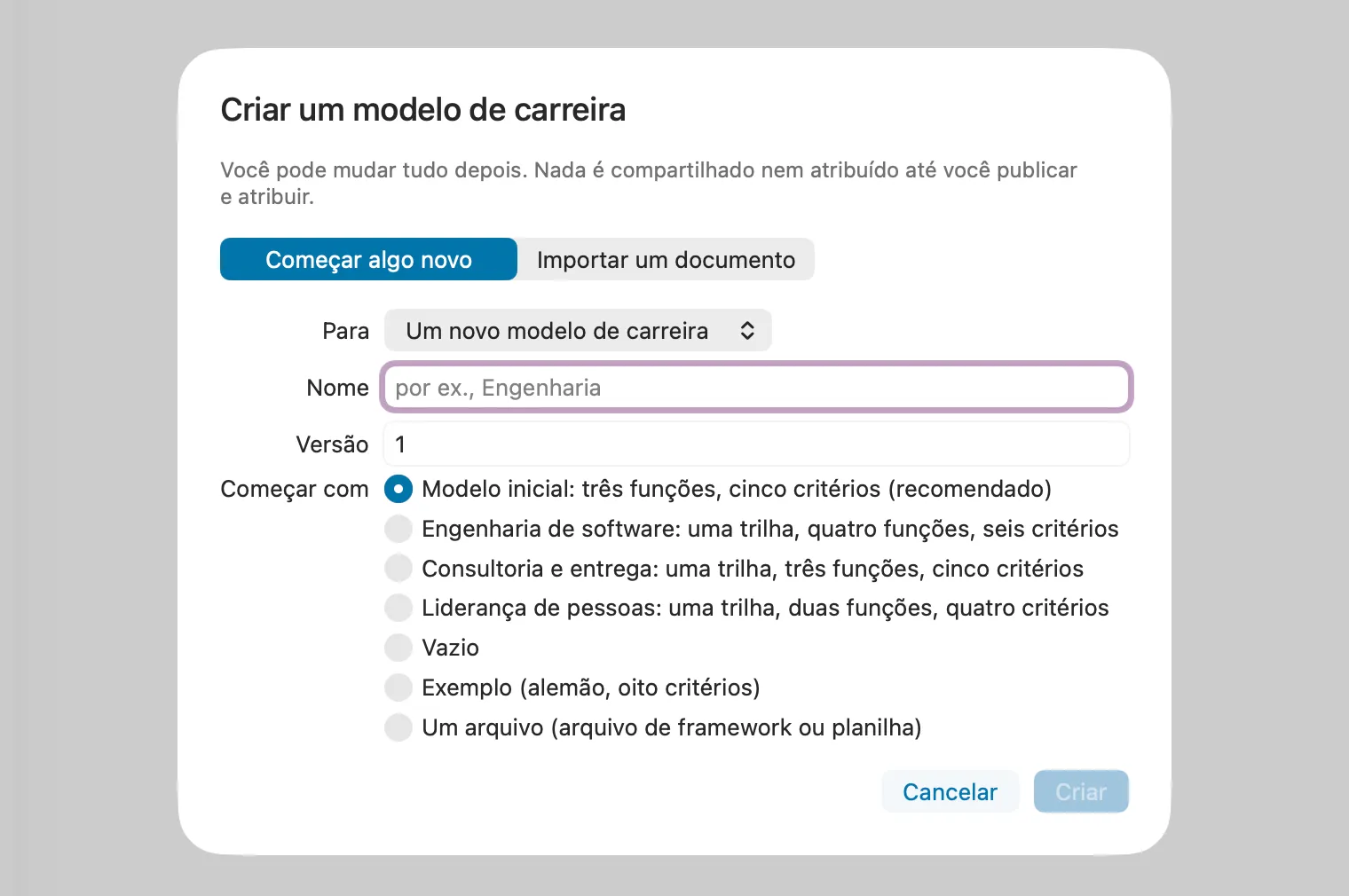 A caixa de diálogo inicial do editor de modelos de carreira do Peoplelane com as formas de começar: modelo inicial, modelos prontos, vazio ou um arquivo.