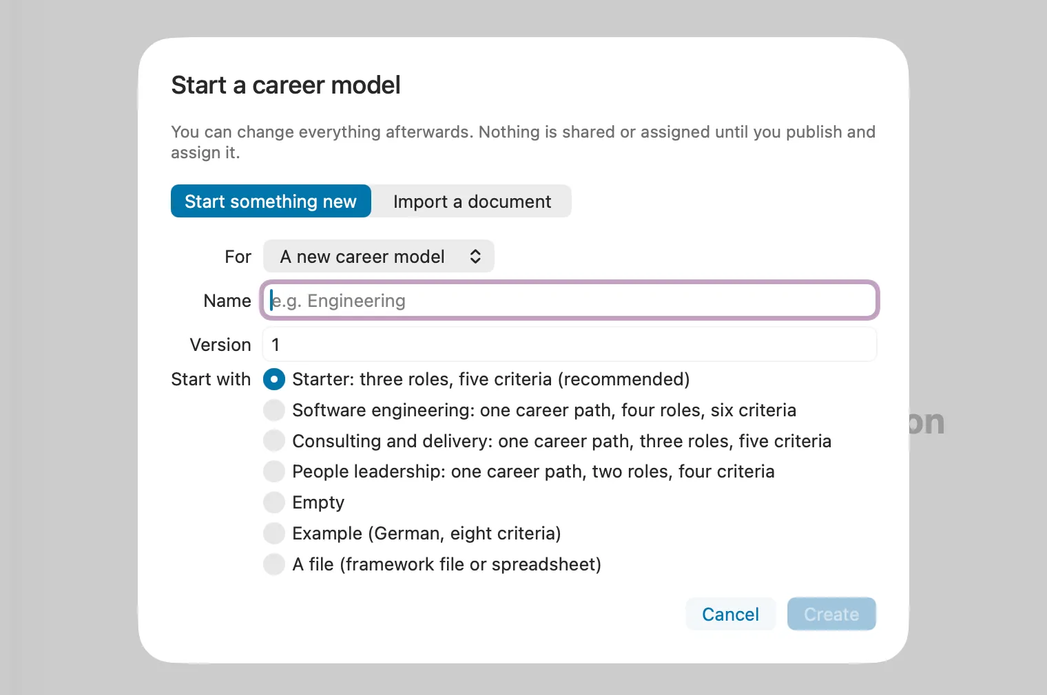 The start dialog of Peoplelane’s career-model editor with the ways to begin: starter, templates, empty or a file.