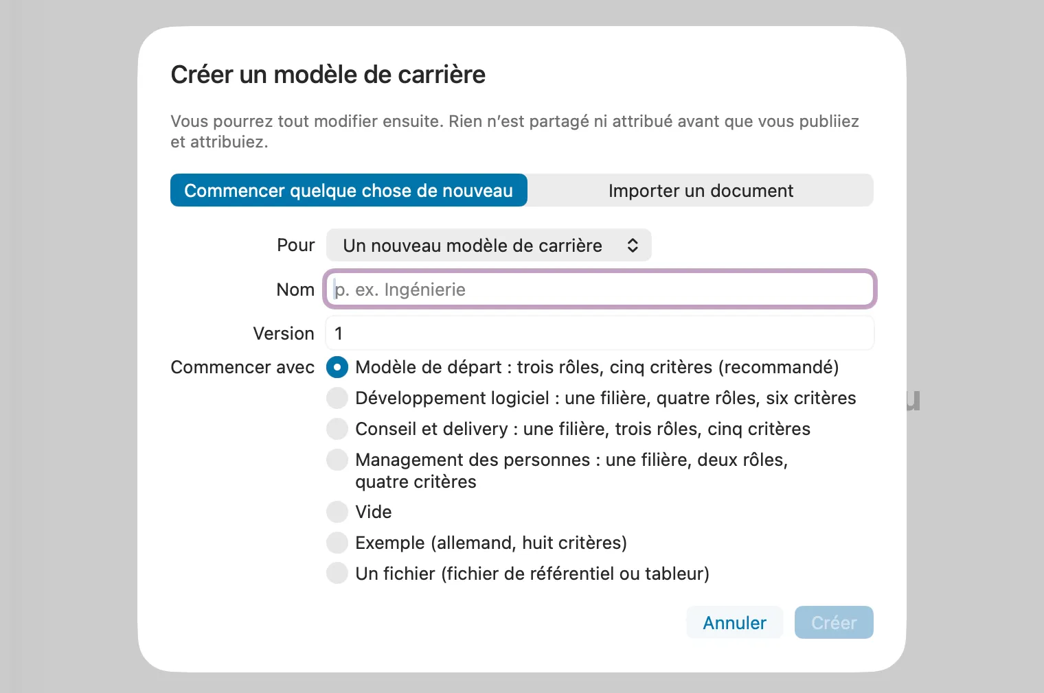 La fenêtre de démarrage de l’éditeur de modèles de carrière de Peoplelane, avec les façons de commencer : base de départ, modèles, vide ou fichier.