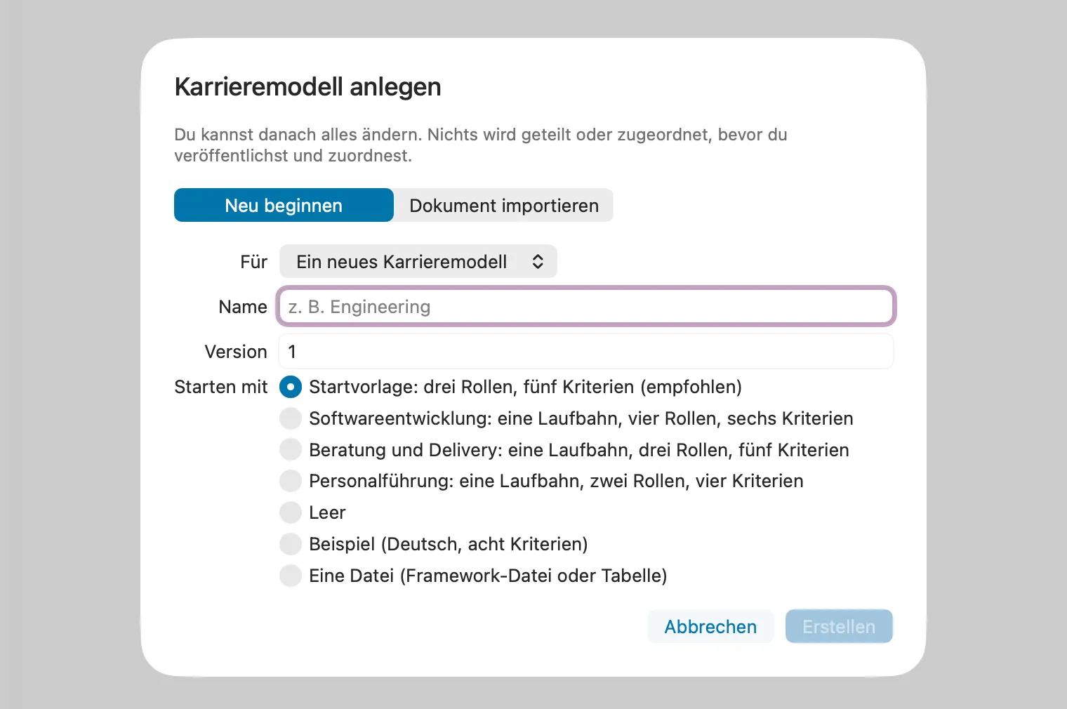 Der Startdialog des Karrieremodell-Editors in Peoplelane mit den Einstiegen: Startvorlage, Vorlagen, leer oder aus einer Datei.