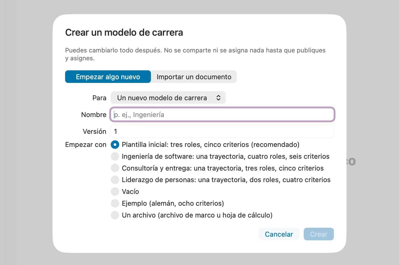 El diálogo de inicio del editor de modelos de carrera de Peoplelane con las formas de empezar: modelo inicial, plantillas, en blanco o un archivo.