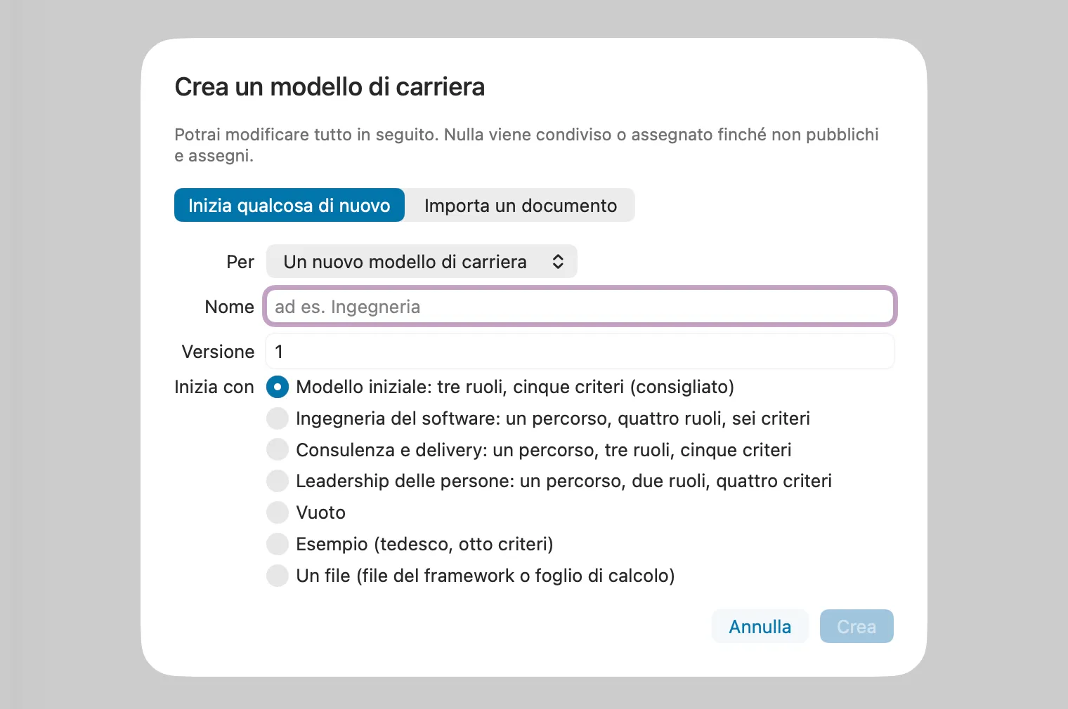 La finestra iniziale dell’editor dei modelli di carriera di Peoplelane con i modi per cominciare: modello iniziale, modelli predefiniti, vuoto o da un file.