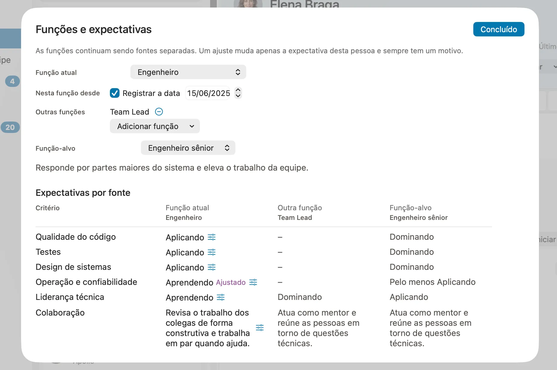 A configuração de funções de uma pessoa no Peoplelane: função atual, uma função adicional, uma função-alvo e uma expectativa ajustada com justificativa.