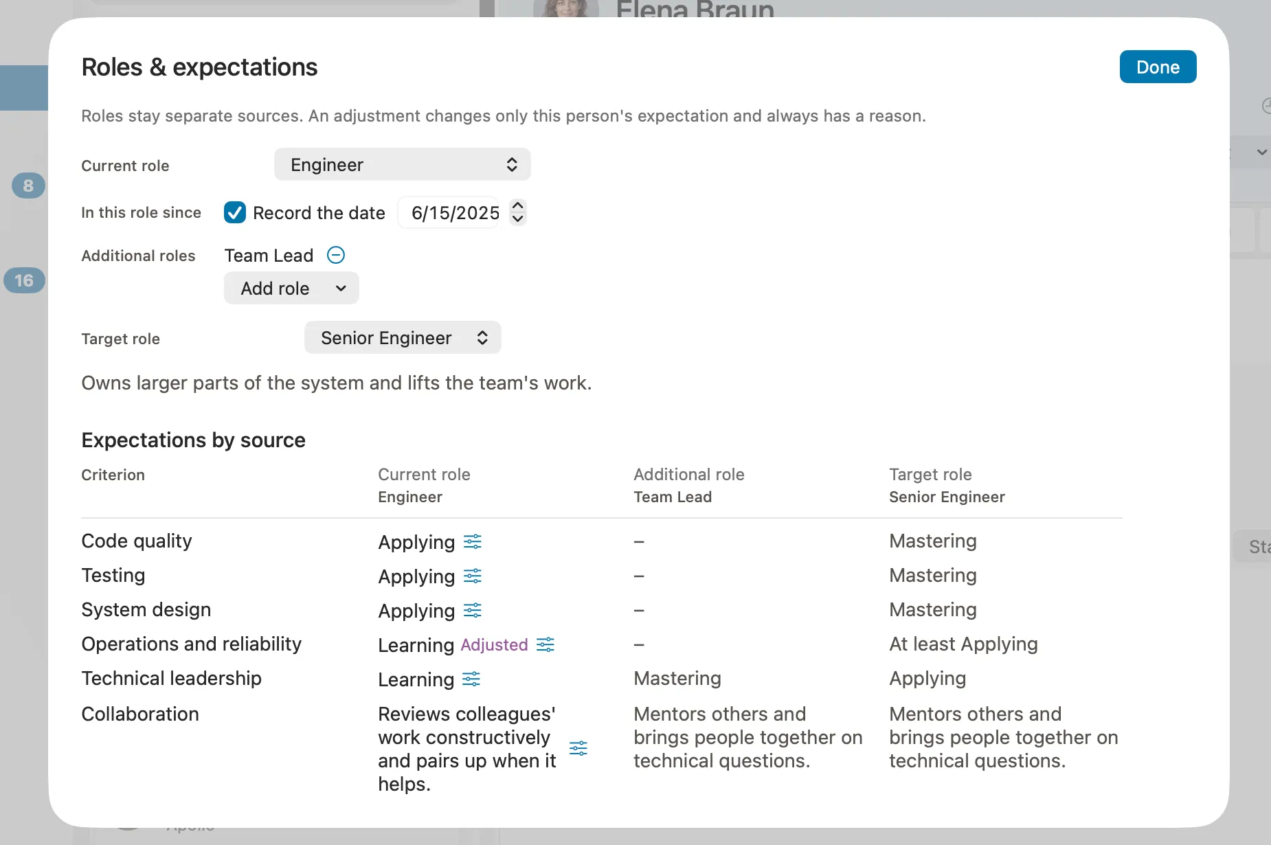 A person’s role setup in Peoplelane: current role, an additional role, a target role and an adjusted expectation with its reason.