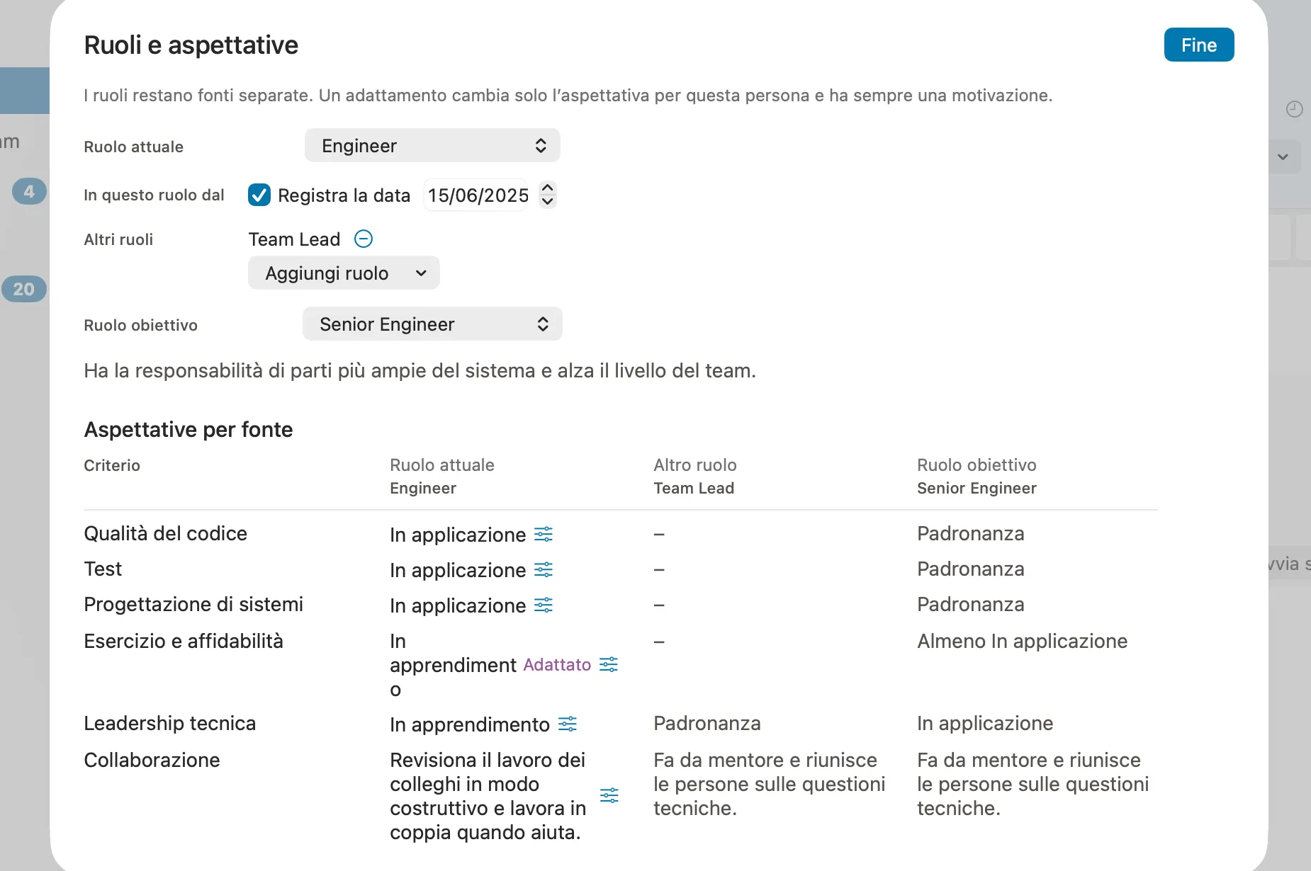 La configurazione dei ruoli di una persona in Peoplelane: ruolo attuale, un ruolo aggiuntivo, un ruolo obiettivo e un’aspettativa adattata con la sua motivazione.