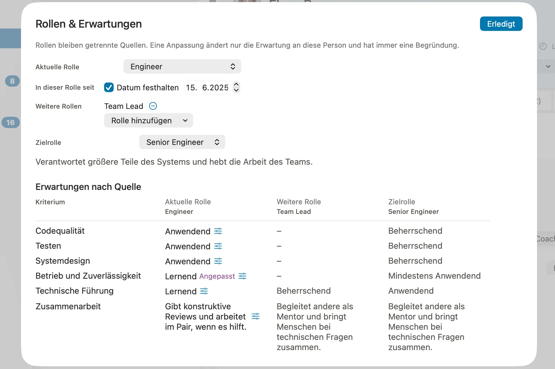 Die Rollen-Einstellungen einer Person in Peoplelane: aktuelle Rolle, eine weitere Rolle, eine Zielrolle und eine angepasste Erwartung mit Begründung.