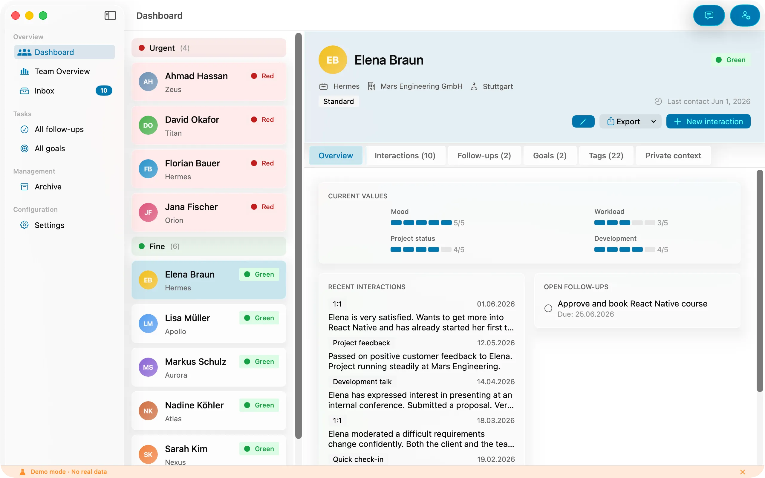 A person's overview in Peoplelane — current values, recent interactions and open follow-ups
