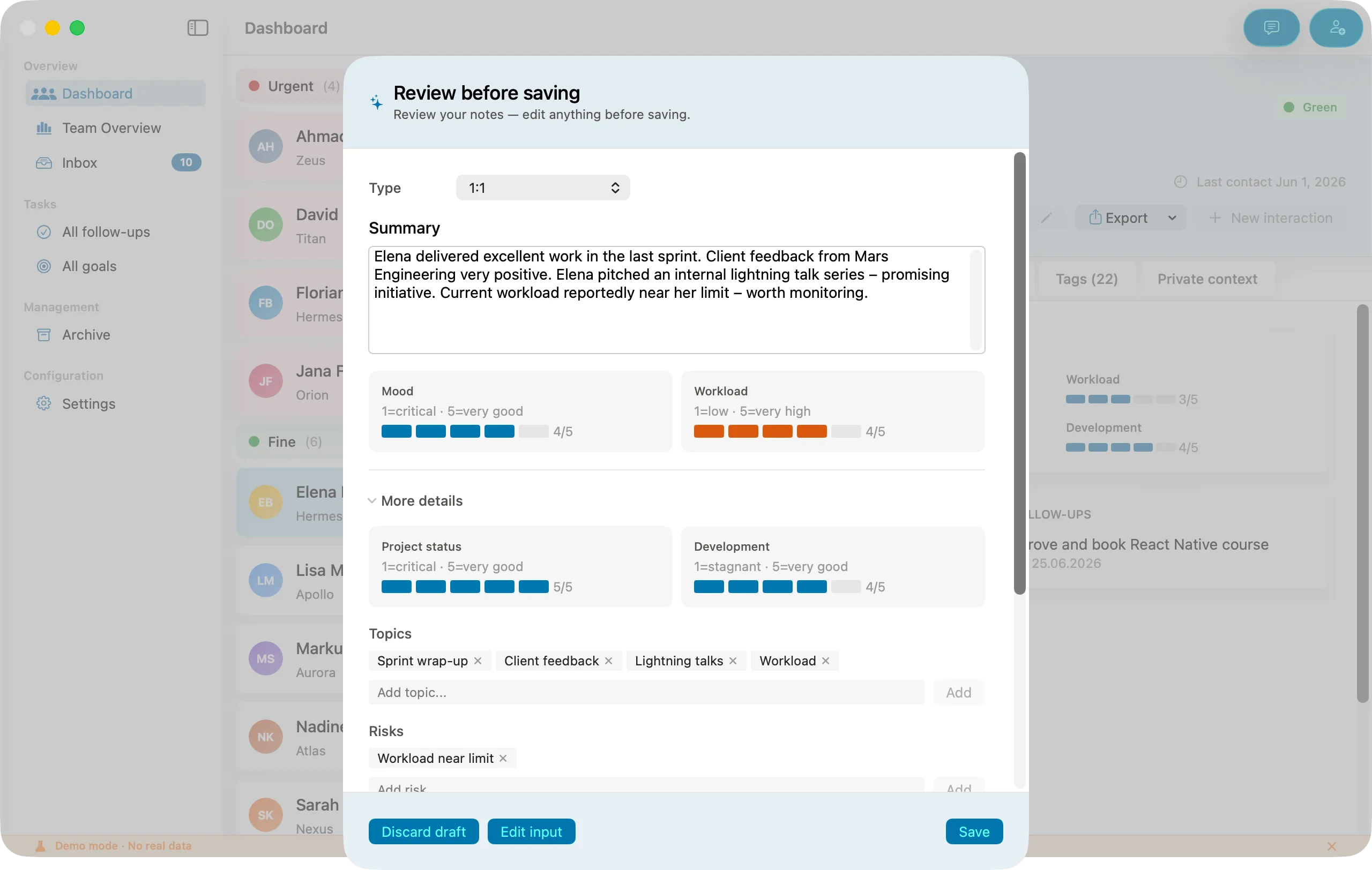An AI-drafted interaction summary in Peoplelane, presented for review before saving